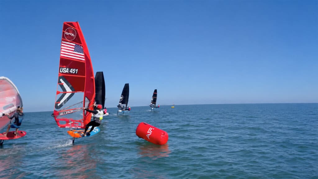 Foiling athletes on the ocean